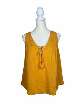 Braeve Mustard Yellow Boho Tank Top Medium Cotton Embroidered Sleeveless Peasant